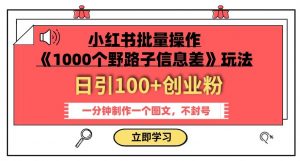 小红书批量操作《1000个野路子信息差》玩法,一分钟制作一个图文,不封号,日引100+创业粉-淘金日记