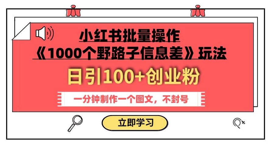 小红书批量操作《1000个野路子信息差》玩法,一分钟制作一个图文,不封号,日引100+创业粉-淘金日记