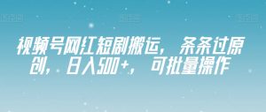 视频号网红短剧搬运，条条过原创，日入500+，可批量操作【揭秘】-淘金日记
