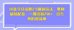 抖音今日话题2.0最新玩法，复制粘贴配音，一周涨粉2W+，过万真的很简单-淘金日记