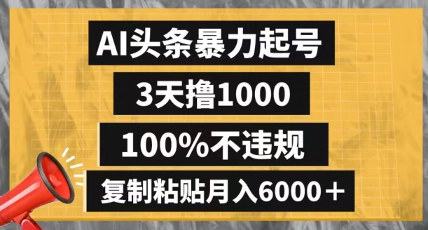 AI头条暴力起号，3天撸1000,100%不违规，复制粘贴月入6000＋【揭秘】-淘金日记