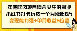 年底吃肉项目适合女生的副业小红书打卡玩法一个月涨粉6万+变现能力强+单月收益5位数【揭秘】-淘金日记
