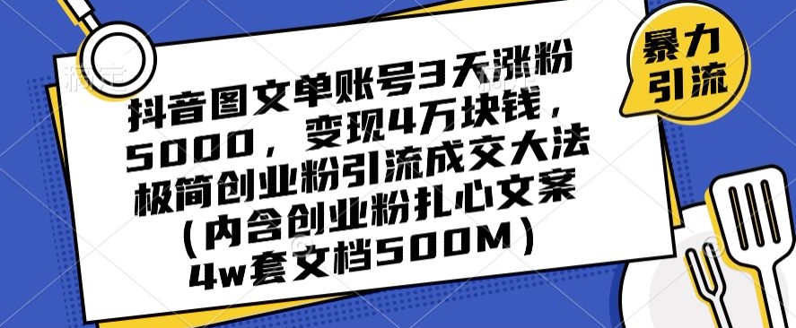 抖音图文单账号3天涨粉5000,变现4万块钱,极简创业粉引流成交大法-淘金日记