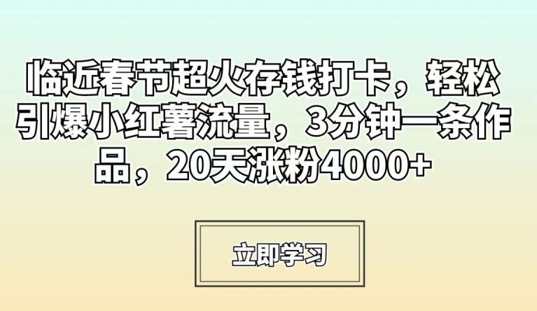 临近春节超火存钱打卡,轻松引爆小红薯流量,3分钟一条作品,20天涨粉4000+【揭秘】-淘金日记