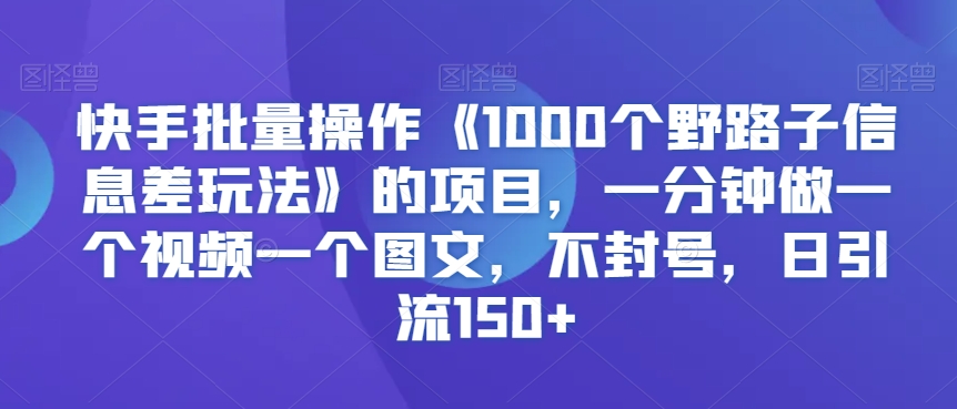 快手批量操作《1000个野路子信息差玩法》的项目,一分钟做一个视频一个图文,不封号,日引流150+【揭秘】-淘金日记