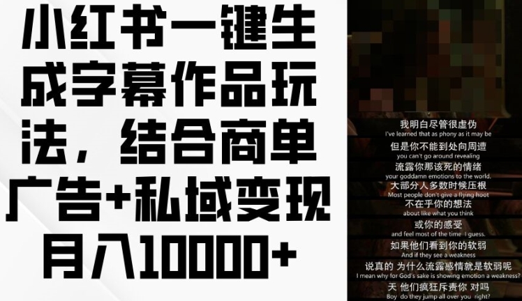 小红书一键生成字幕作品玩法，结合商单广告+私域变现月入1w+【揭秘】-淘金日记