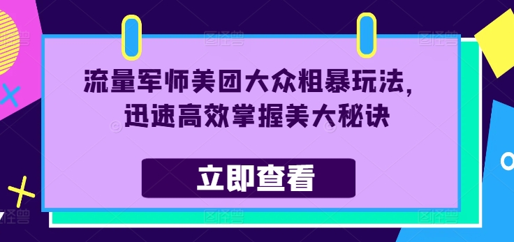 流量军师美团大众粗暴玩法,迅速高效掌握美大秘诀-淘金日记