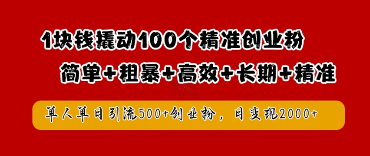 1块钱撬动100个精准创业粉,简单粗暴高效长期精准,单人单日引流500+创业粉,日变现2k【揭秘】-淘金日记