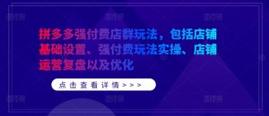 拼多多强付费店群玩法,包括店铺基础设置、强付费玩法实操、店铺运营复盘以及优化-淘金日记