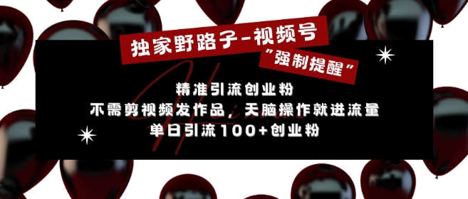 独家野路子利用视频号“强制提醒”,不需剪视频发作品,无脑操作就进流量,单日引流100+创业粉-淘金日记
