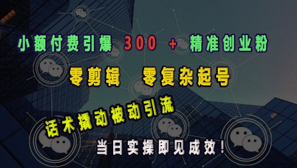 小额付费引爆 300 + 精准创业粉，零剪辑、零复杂起号，话术撬动被动引流，当日实操即见成效-淘金日记