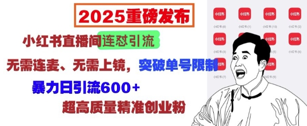 2025重磅发布:小红书直播间连怼引流,无需连麦、无需上镜,突破单号限制,暴力日引流600+-淘金日记