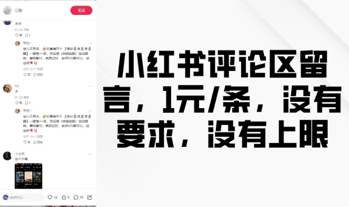 小红书评论区留言,1元条,没有要求,没有上限-淘金日记