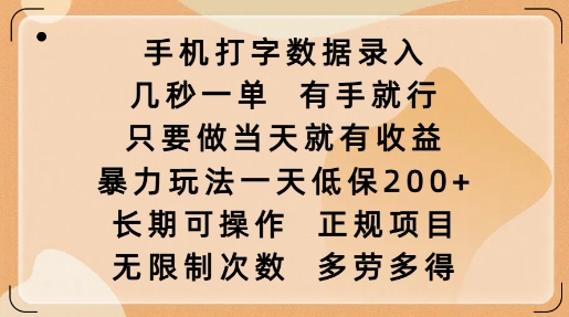 手机打字数据录入，几秒一单，有手就行，只要做当天就有收益，暴力玩法一天低保2张-淘金日记