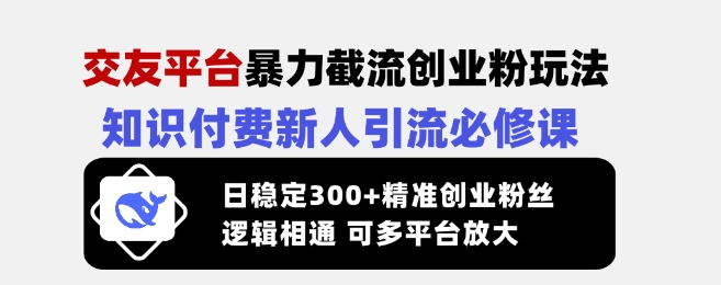 交友平台暴力截流创业粉玩法,知识付费新人引流必修课,日稳定300+精准创业粉丝,逻辑相通可多平台放大-淘金日记