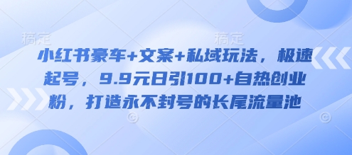 小红书豪车+文案+私域玩法,极速起号,9.9元日引100+自热创业粉,打造永不封号的长尾流量池-淘金日记
