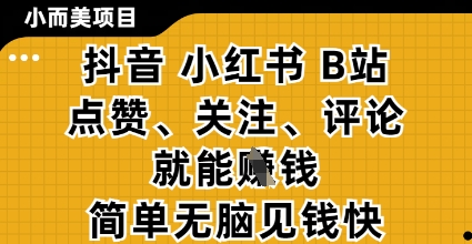 小而美的项目,抖音小红书B站视频点赞、关注、评论就能挣钱,简单无脑立见收益,妥妥的零撸项目【揭秘】-淘金日记