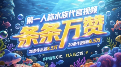 第一人称水族代言视频,条条万赞,20条作品涨粉7.8W,多种变现方式月入五位数-淘金日记