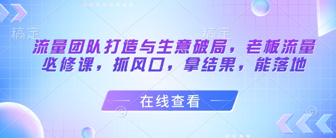 流量团队打造与生意破局,老板流量必修课,抓风口,拿结果,能落地-淘金日记