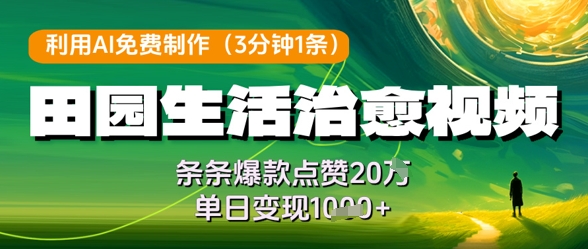 利用AI免费制作田园生活治愈视频，条条爆款点赞20W，单日变现几张-淘金日记
