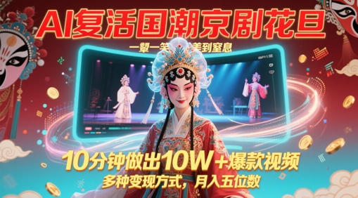 AI复活国潮京剧花旦,一颦一笑美到窒息,10分钟做出10W+爆款视频,多种变现方式,月入五位数-淘金日记