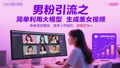 男粉引流之简单利用大模型生成美女视频，条条原创爆款，简单上传制作，变现日1k+-淘金日记