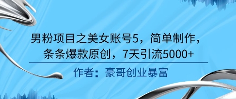 男粉项目之美女账号5，简单制作，条条爆款原创，7天引流5000+-淘金日记