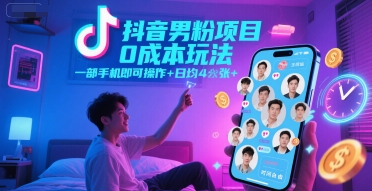 抖音男粉项目0成本玩法，一部手机即可操作，日均4张+，时间自由-淘金日记