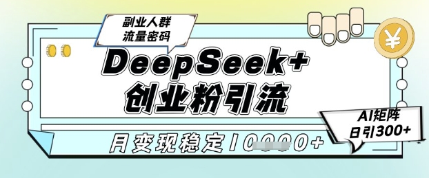 DeepSeek+创业粉精准引流，全新分享课4.0玩法，AI矩阵日引300+，多种变现方式，稳定月入1W-淘金日记