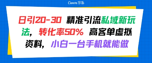 日引 20-30 精准引流私域新玩法,转化率50% 高客单虚拟资料,小白一台手机就能做-淘金日记