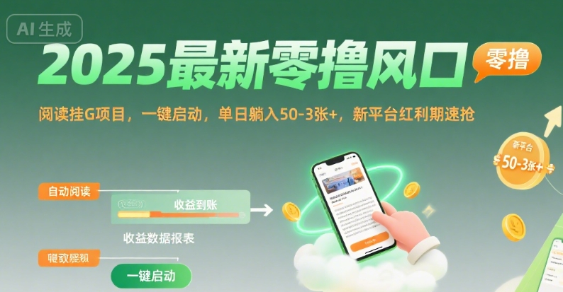 2025最新零撸风口,阅读挂G项目,一键启动,单日躺入 50-3张+,新平台红利期速抢【揭秘】-淘金日记