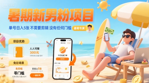 暑期新男粉项目 单号日入5张 不需要剪辑 没有任何门槛-淘金日记