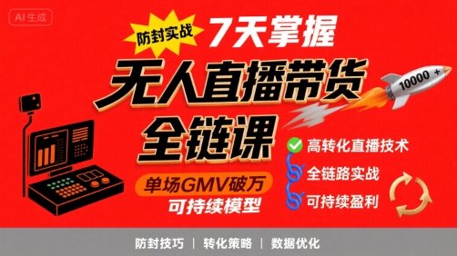 无人直播带货全链防封实战课,7天掌握高转化直播技术,实现单场GMV破万可持续模型-淘金日记