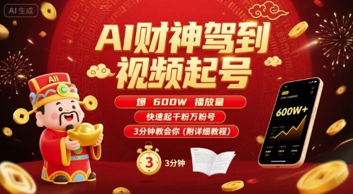 AI财神驾到视频起号，爆600W播放量，快速起千粉万粉号，3分钟教会你(附详细教程)-淘金日记