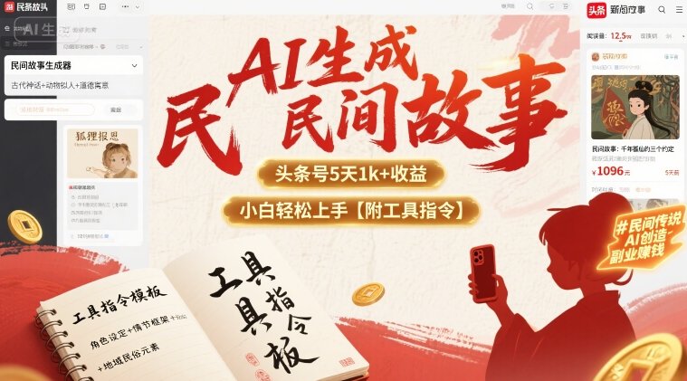 AI生成民间故事，头条号5天1k+，小白轻松上手【附工具指令】-淘金日记