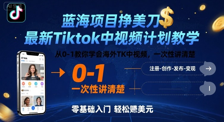 蓝海项目挣美刀，最新Tiktok中视频计划教学，从0-1教你学会海外TK中视频，一次性讲清楚-淘金日记