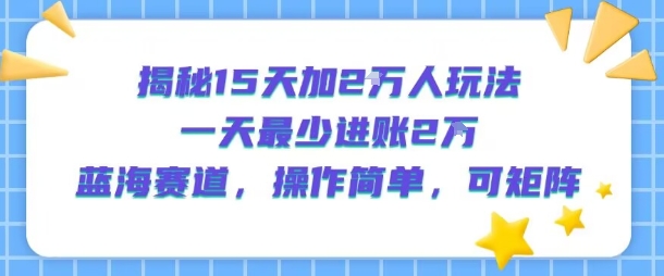 揭秘15天加2W人玩法，一天最少2万进账，蓝海赛道，操作简单，可矩阵-淘金日记