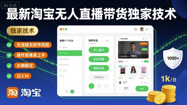 最新淘宝无人直播带货独家技术,无违规无封号风险,操作简单易上手,长期稳定日入1k【揭秘】-淘金日记