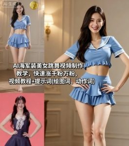 AI海军装美女跳舞视频制作教学,快速涨千粉万粉,视频教程+提示词(绘图词、动作词)-淘金日记