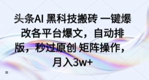 头条AI 黑科技搬砖 一键爆改各平台爆文，自动排版，秒过原创 矩阵操作，月入3w+【揭秘】-淘金日记