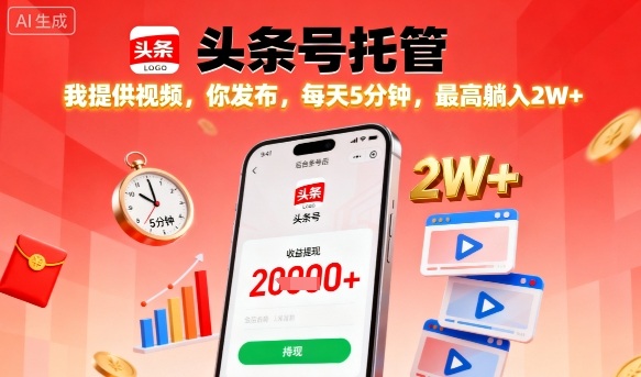 【头条号托管】我提供视频,你发布,每天5分钟,最高躺入2W+【揭秘】-淘金日记