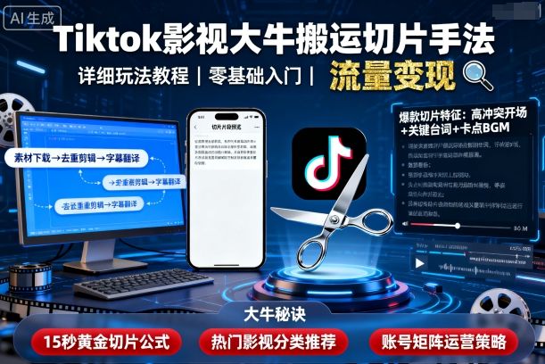 Tiktok影视大牛搬运切片手法，详细玩法教程-淘金日记