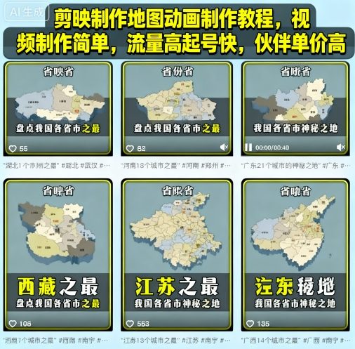 剪映制作地图动画制作教程，视频制作简单，流量高起号快，伙伴单价高-淘金日记
