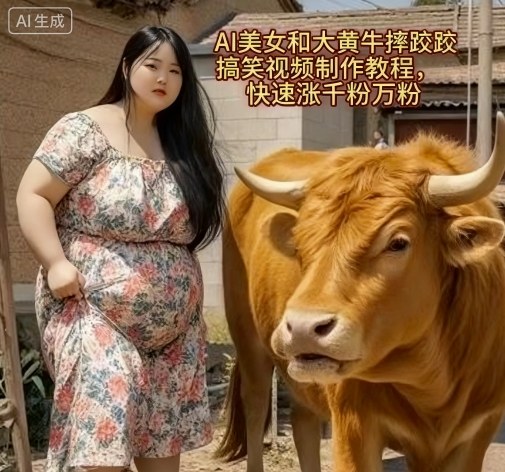 AI美女和大黄牛摔跤搞笑荒诞视频制作教程,快速涨千粉万粉-淘金日记