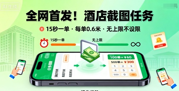 全网首发！酒店截图任务，15秒一单，每单0.6米，任务无上限不设限，矩阵操作单日3张到手【揭秘】-淘金日记