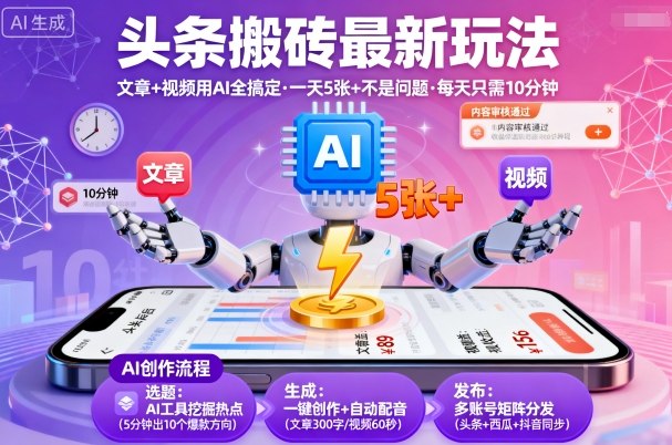 头条搬砖最新玩法,文章+视频用AI全搞定,一天5张+不是问题,每天只需10分钟-淘金日记