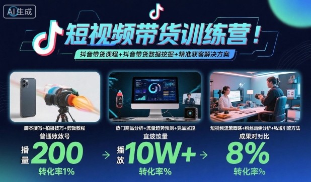 短视频带货训练营,抖音带货课程+抖音带货数据挖掘+精准获客解决方案-淘金日记