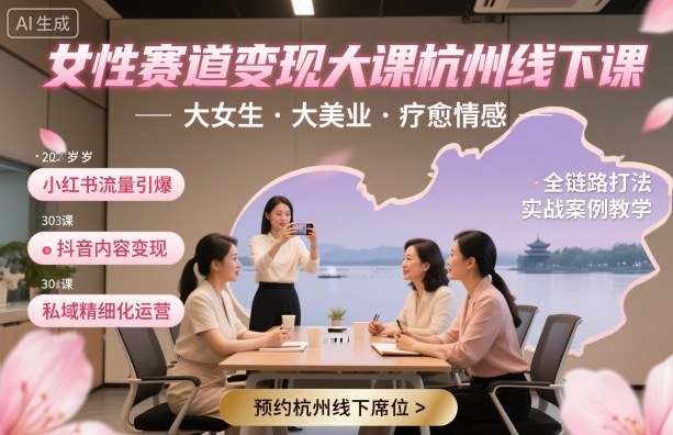 女性赛道变现大课杭州线下，大女生，大美业，疗愈情感，一套小红书、抖音、私域全链路打法-淘金日记