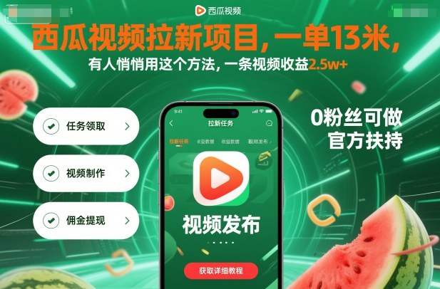 西瓜视频拉新项目,一单13米,有人悄悄用这个方法,一条视频收益2.5w+(附详细教程)-淘金日记