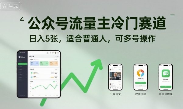 公众号流量主冷门赛道，日入5张，适合普通人，可多号操作-淘金日记